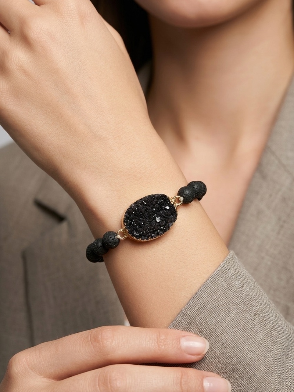 Black Druzy Stretch Bracelet | Spiderweb Bead Crystal Statement